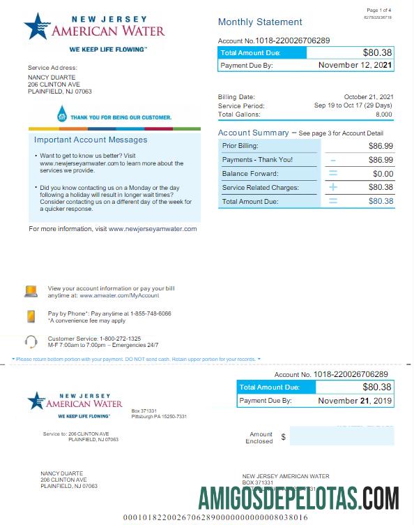 Para baxiar EUA NOVA JERSEY AMERICAN WATER Utility Bill Word e modelo PDF